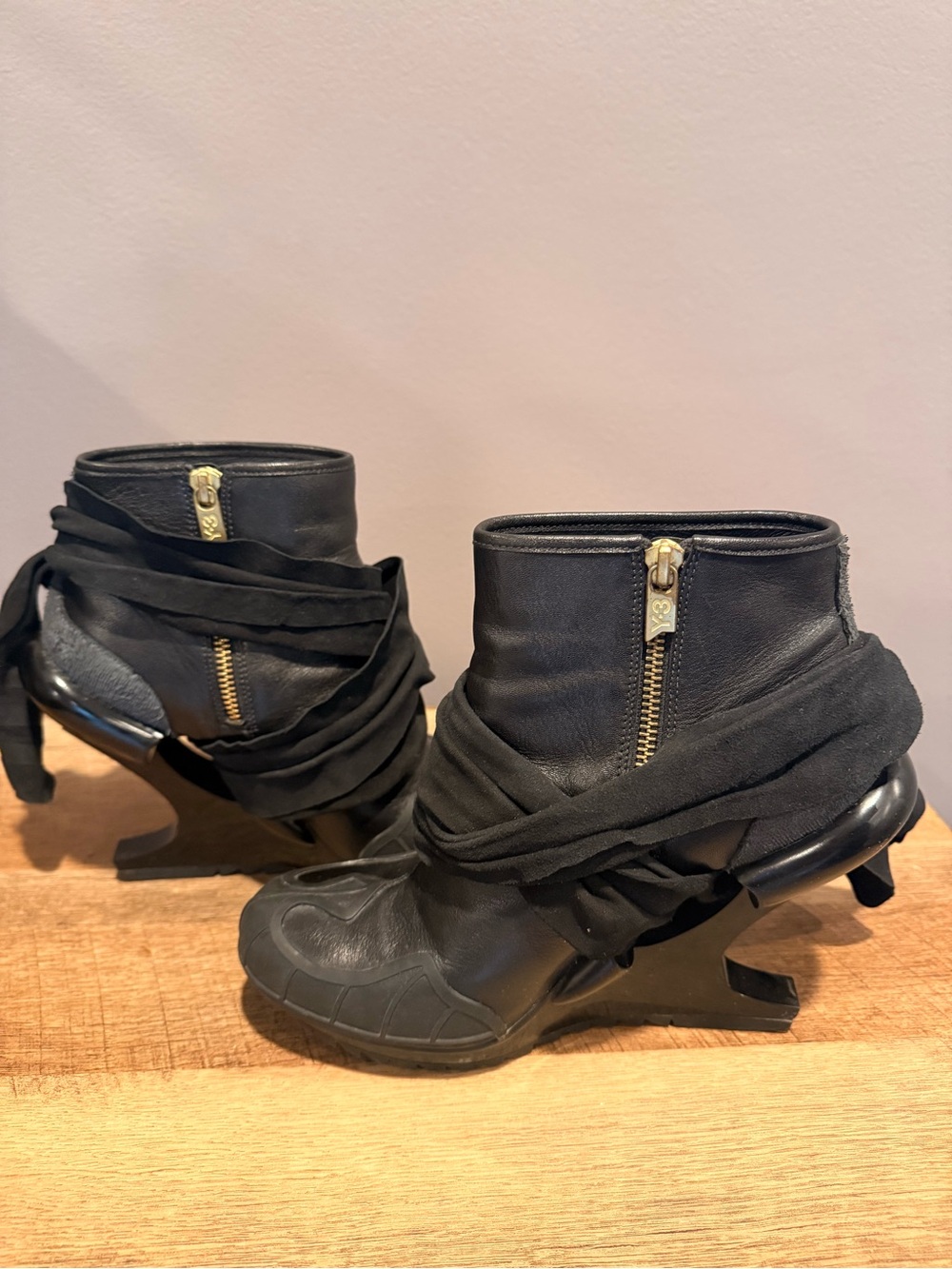 Y-3 Black Women Leather Ankle Boots with Gold Zipper Accent